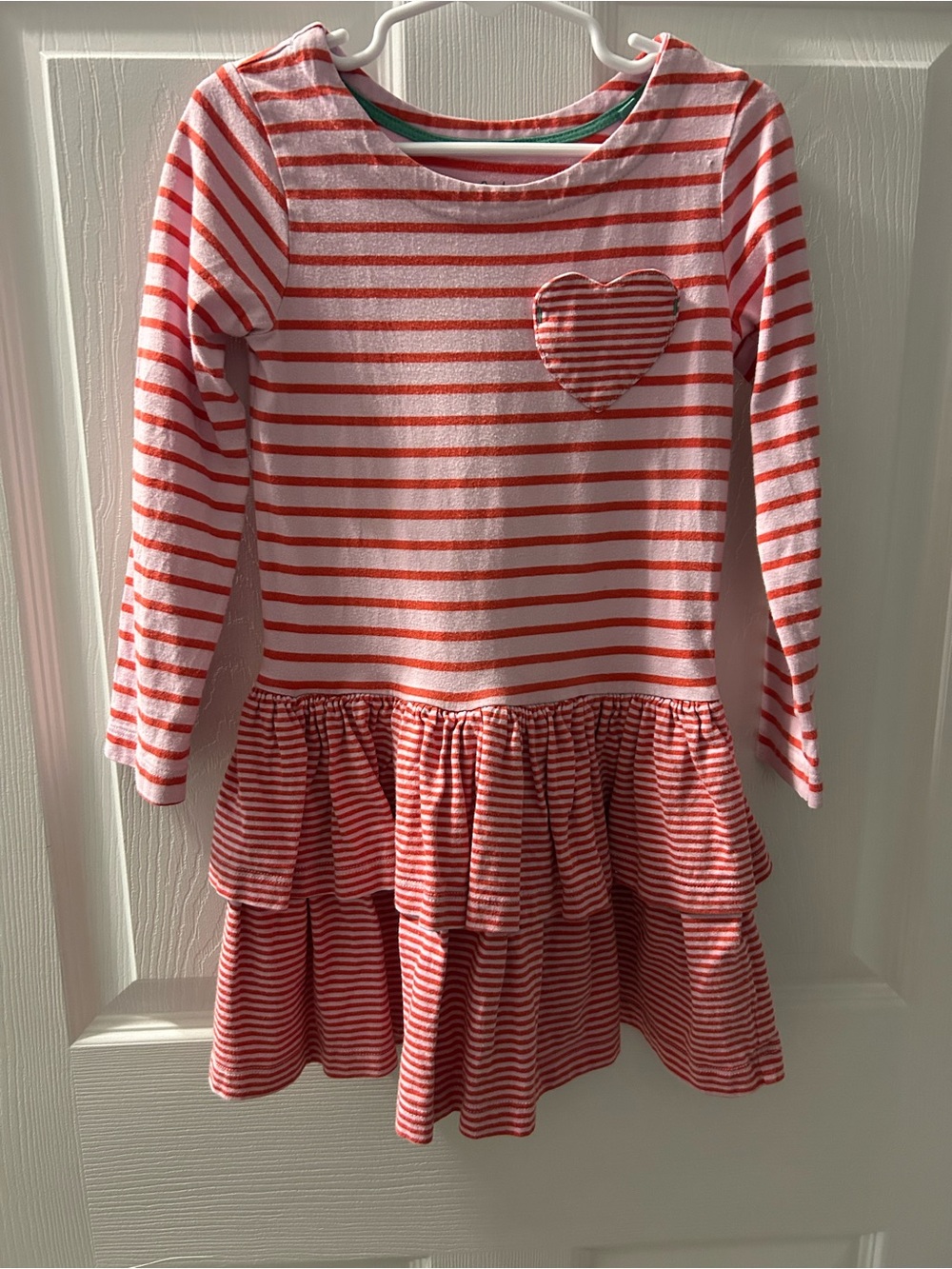 Mini Boden Girls' Red and White Striped Heart Tiered Dress 4-5y